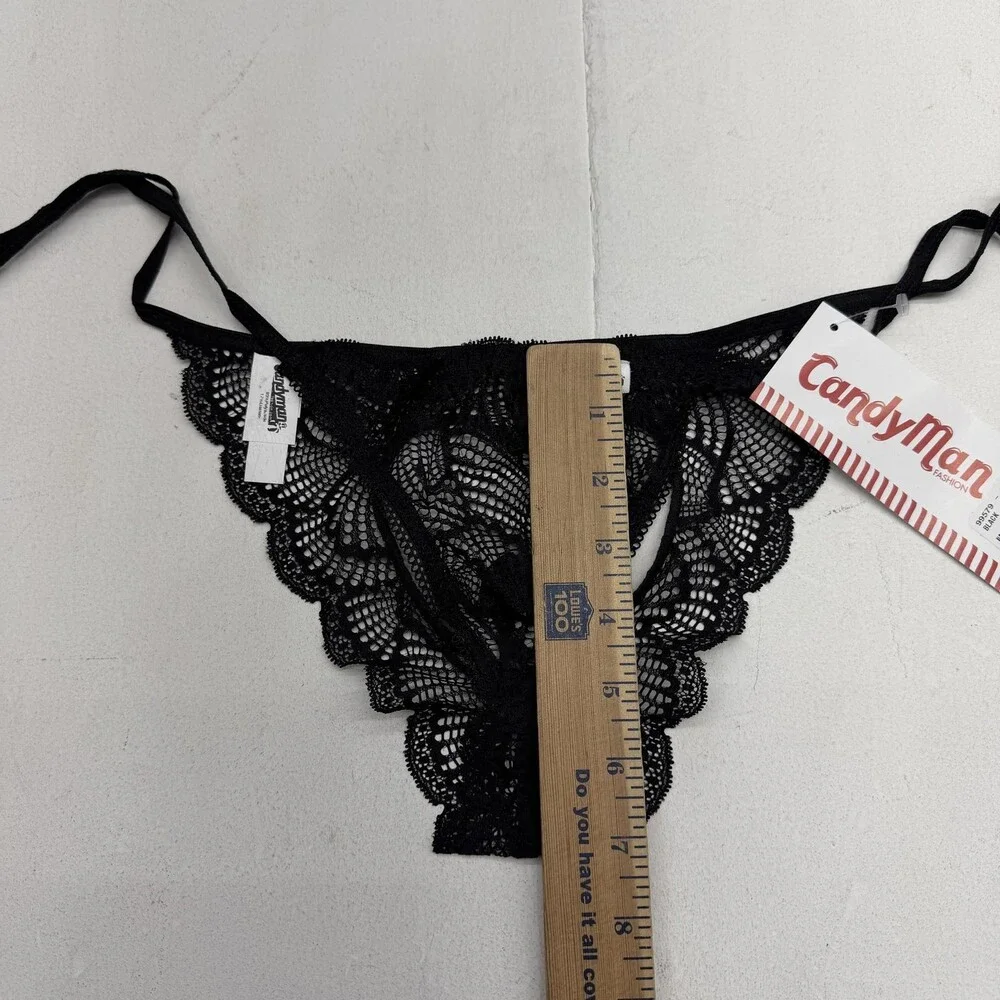 Candyman Thong Underwear Mens Medium Black Sheer Lace Heart Floral Stretch 99579